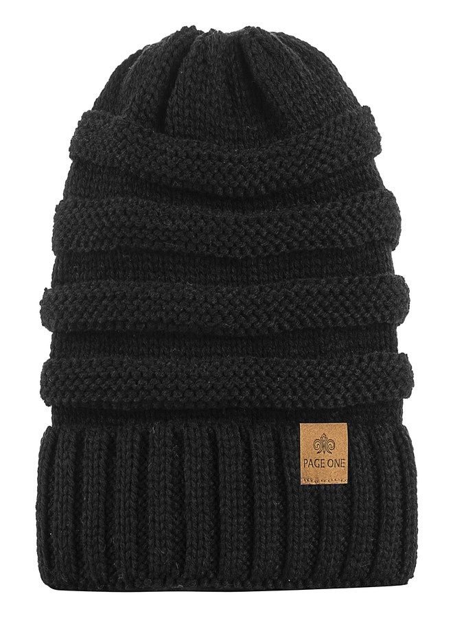 PAGE ONE Womens Winter Beanie Warm Cable Knit Hat Style Stretch Trendy Ribbed Chunky Cap Black - Image 2
